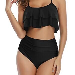 Tempt Me Swim Ruffled Flounce Black Bikini 2 Piece Set Womens Size Small NWT